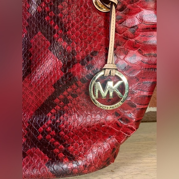 Michael Kors East West Burgundy Red Python Embossed Leather Shoulder Tote Purse - Picture 2 of 11